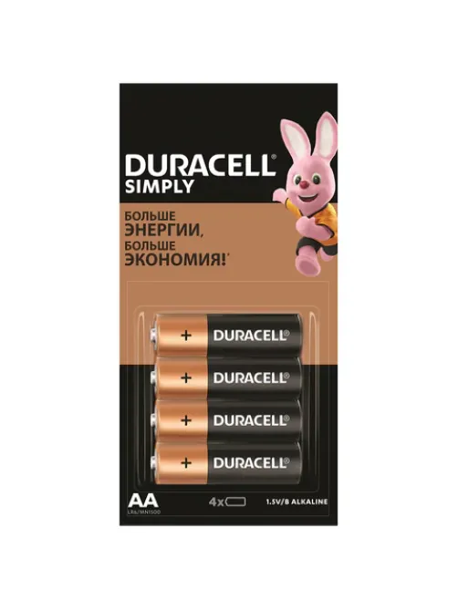 Батарейки КОМПЛЕКТ 4 шт. (отрывной блок) DURACELL Simply ОРИГИНАЛ, AA (LR6, 15А), алкалиновые, пальчиковые, Б0046868