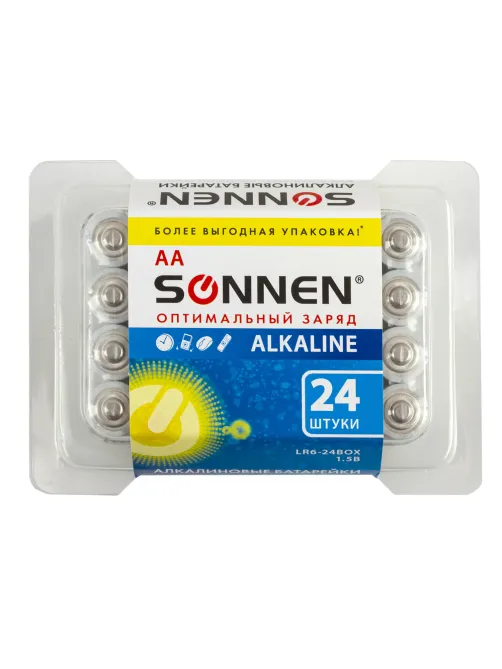 Батарейки КОМПЛЕКТ 24 шт., SONNEN Alkaline, АА(LR6, 15А), алкалиновые, пальчиковые, короб, 455095