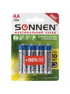 Батарейки КОМПЛЕКТ 4 шт., SONNEN Super Alkaline, АА (LR6,15А), алкалиновые, пальчиковые, блистер, 451094