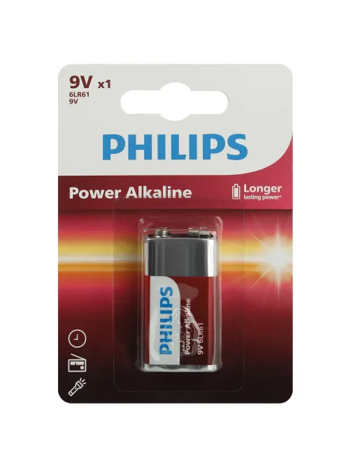Батарейка алкалиновая 1 шт. PHILIPS Power Alkaline, Крона 9V (6LR61, 6LF22, 1604A), блистер, Б0062717