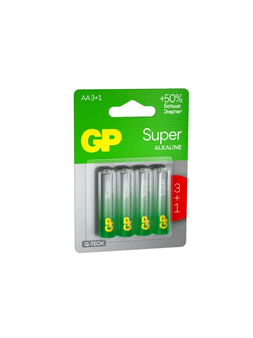 Батарейки КОМПЛЕКТ 4 шт., GP Super G-Tech, AA (LR6,15А), алкалиновые, пальчиковые, ПРОМО 3+1, 15A3/1-2CR4