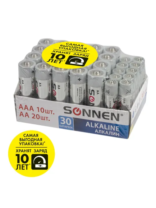 Батарейки КОМПЛЕКТ 30 (20+10) шт., SONNEN Alkaline, AA+ААА (LR6+LR03), в коробке, 455097