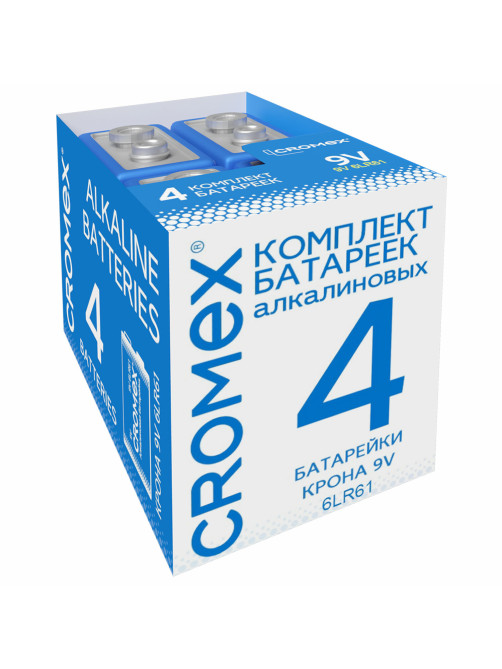 Батарейки алкалиновые КОМПЛЕКТ 4 шт., CROMEX (КРОМЕКС) Alkaline, Крона 9V (6LR61, 6LF22, 1604A), короб, 456453