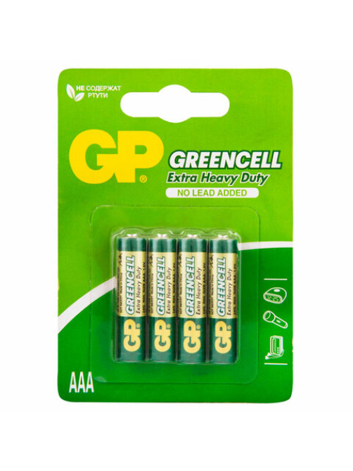 Батарейки КОМПЛЕКТ 4 шт., GP GreenCell AAA (R03, 24G), солевые, мизинчиковые, блистер, 24G-2CR4
