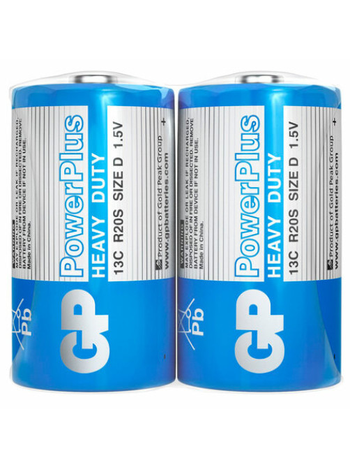 Батарейки КОМПЛЕКТ 2 шт., GP PowerPlus D (13C), солевые, в пленке, 13CEBRA-2S2