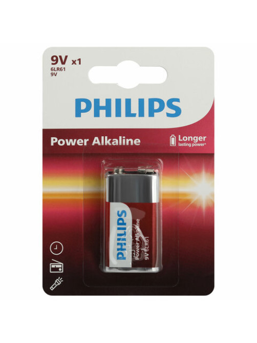 Батарейка алкалиновая 1 шт. PHILIPS Power Alkaline, Крона 9V (6LR61, 6LF22, 1604A), блистер, Б0062717