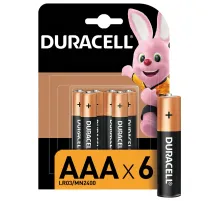 Батарейки КОМПЛЕКТ 6 шт., DURACELL Basic ОРИГИНАЛ, ААА (LR03, 24А), алкалиновые, мизинчиковые, Б0014858