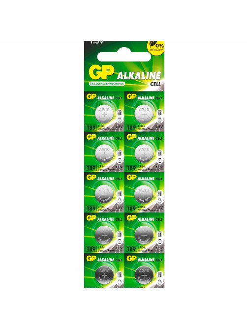 Батарейки КОМПЛЕКТ 10 шт., GP Alkaline, 189A (G10, LR54), алкалиновые, отрывной блок, 189FRA-2C10