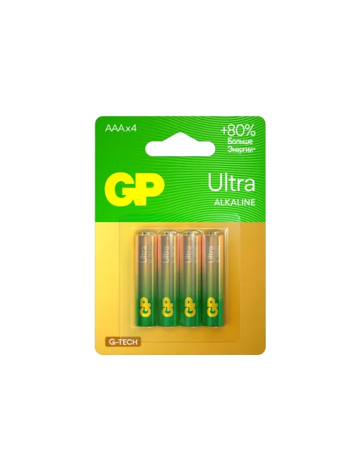 Батарейки КОМПЛЕКТ 4 шт., GP Ultra G-Tech, AAA (LR03, 24А), алкалиновые, мизинчиковые, 24AUA21-2CRSBC4