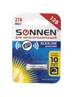 Батарейка SONNEN Alkaline, 27А (MN27), алкалиновая, для сигнализаций, 1 шт., в блистере, 451976