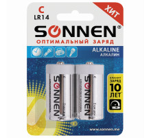 Батарейки КОМПЛЕКТ 2 шт., SONNEN Alkaline, С (LR14, 14А), алкалиновые, блистер, 451090