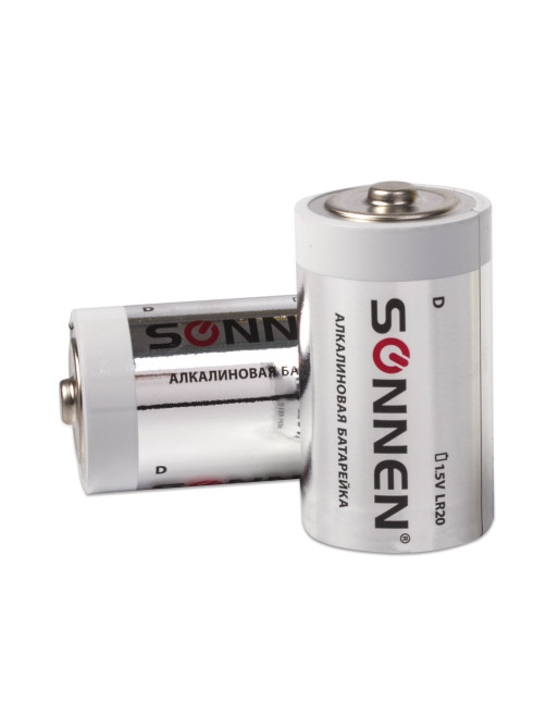 Батарейки КОМПЛЕКТ 2 шт, SONNEN Alkaline, D (LR20, 13А), алкалиновые, в блистере, 451091