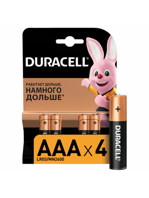 Батарейки КОМПЛЕКТ 4 шт., DURACELL Basic ОРИГИНАЛ, AAA (LR03, 24А), алкалиновые, мизинчиковые, MN 2400 AAA LR3