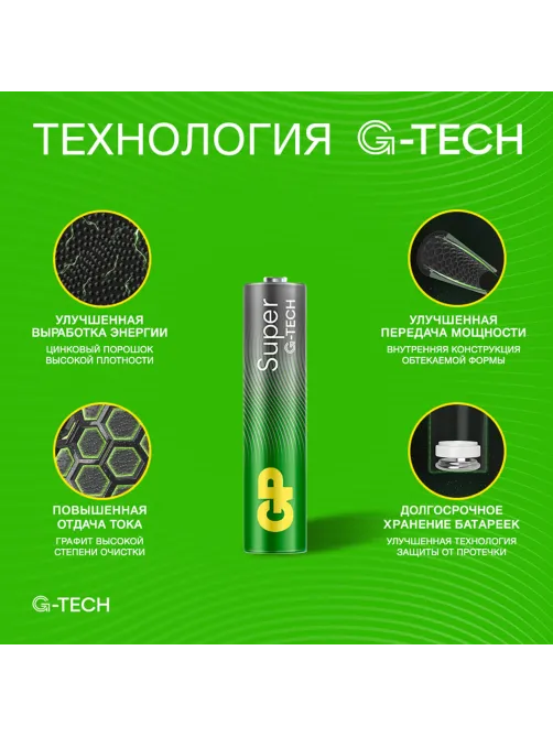 Батарейки КОМПЛЕКТ 4 шт., GP Super G-Tech, AAA (LR03,24А), алкалиновые, мизинчиковые, ПРОМО 3+1, 24A3/1-2CR4