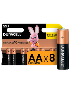Батарейки КОМПЛЕКТ 8 шт., DURACELL Basic ОРИГИНАЛ, AA (LR6, 15А), алкалиновые, пальчиковые, C0033441