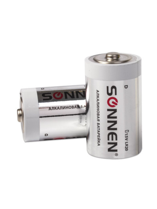Батарейки КОМПЛЕКТ 2 шт, SONNEN Alkaline, D (LR20, 13А), алкалиновые, в блистере, 451091