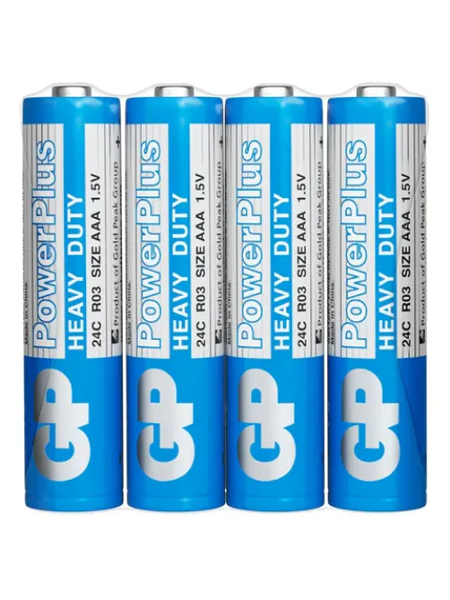 Батарейки КОМПЛЕКТ 4 шт., GP PowerPlus AAA (R03, 24G), солевые, мизинчиковые, в пленке, 24CEBRA-2S4