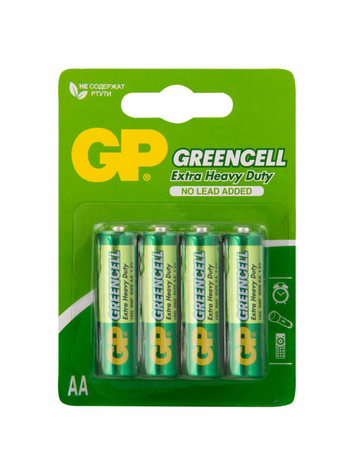 Батарейки КОМПЛЕКТ 4 шт., GP GreenCell AA (R6, 15G), солевые, пальчиковые, блистер, 15G-2CR4