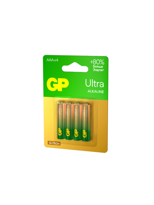 Батарейки КОМПЛЕКТ 4 шт., GP Ultra G-Tech, AAA (LR03, 24А), алкалиновые, мизинчиковые, 24AUA21-2CRSBC4