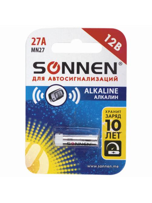 Батарейка SONNEN Alkaline, 27А (MN27), алкалиновая, для сигнализаций, 1 шт., в блистере, 451976