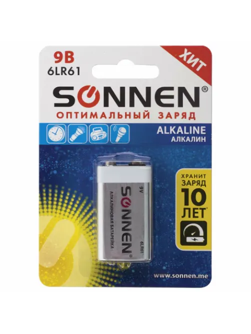 Батарейка SONNEN Alkaline, Крона (6LR61, 6LF22, 1604A), алкалиновая, 1 шт., блистер, 451092