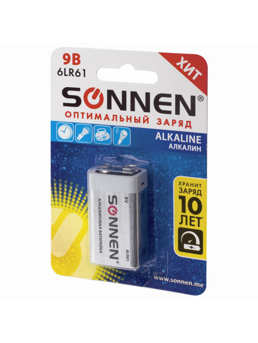 Батарейка SONNEN Alkaline, Крона (6LR61, 6LF22, 1604A), алкалиновая, 1 шт., блистер, 451092