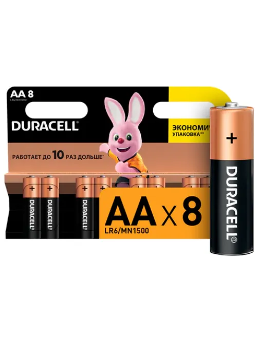 Батарейки КОМПЛЕКТ 8 шт., DURACELL Basic ОРИГИНАЛ, AA (LR6, 15А), алкалиновые, пальчиковые, C0033441