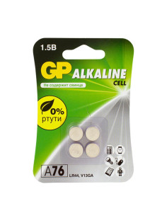Батарейки КОМПЛЕКТ 4 шт., GP Alkaline, A76 (G13, LR44), алкалиновая, блистер, A76-С10, A76F-2CRU4