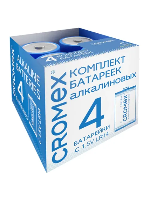 Батарейки алкалиновые КОМПЛЕКТ 4 шт., CROMEX (КРОМЕКС) Alkaline, C (LR14, 14А), короб, 456455