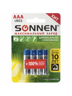 Батарейки КОМПЛЕКТ 4 шт., SONNEN Super Alkaline, AAA (LR03, 24А), алкалиновые, мизинчиковые, в блистере, 451096