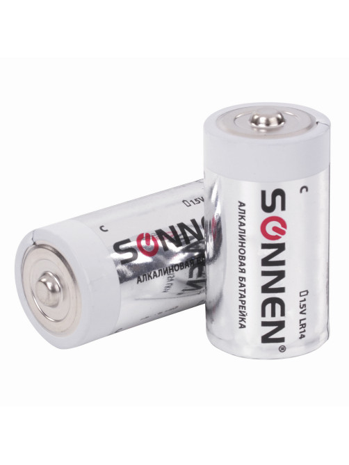 Батарейки КОМПЛЕКТ 2 шт., SONNEN Alkaline, С (LR14, 14А), алкалиновые, блистер, 451090