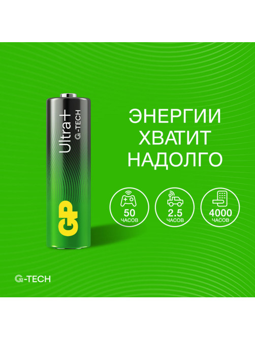 Батарейки КОМПЛЕКТ 2 шт., GP Ultra Plus G-Tech, AA (LR6), алкалиновые, пальчиковые, 15AUPA21-2CRSB2