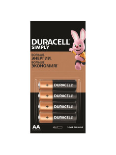 Батарейки КОМПЛЕКТ 4 шт. (отрывной блок) DURACELL Simply ОРИГИНАЛ, AA (LR6, 15А), алкалиновые, пальчиковые, Б0046868