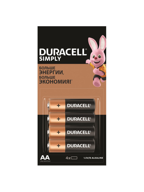 Батарейки КОМПЛЕКТ 4 шт. (отрывной блок) DURACELL Simply ОРИГИНАЛ, AA (LR6, 15А), алкалиновые, пальчиковые, Б0046868