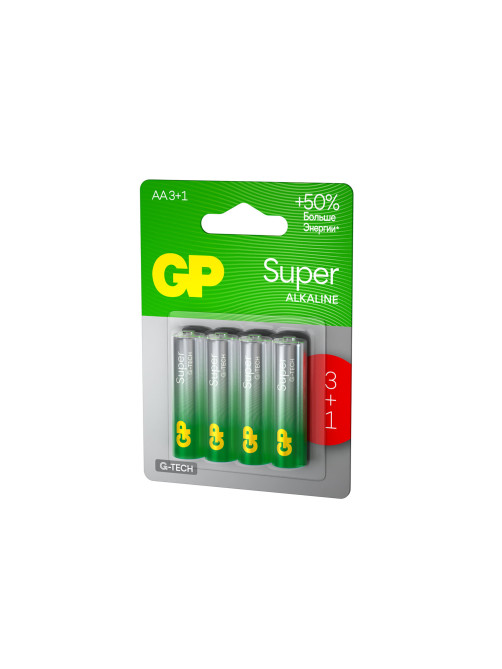 Батарейки КОМПЛЕКТ 4 шт., GP Super G-Tech, AA (LR6,15А), алкалиновые, пальчиковые, ПРОМО 3+1, 15A3/1-2CR4