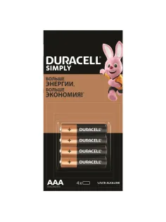 Батарейки КОМПЛЕКТ 4 шт. (отрывной блок), DURACELL Simply ОРИГИНАЛ, AAA (LR03,24А), алкалиновые, мизинчиковые, Б0046869