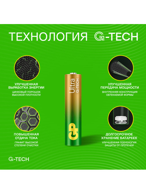 Батарейки КОМПЛЕКТ 2 шт., GP Ultra G-Tech, AAA (LR03, 24А), алкалиновые, мизинчиковые, 24AUA21-2CRSBC2