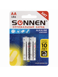 Батарейки КОМПЛЕКТ 2 шт., SONNEN Alkaline, АА (LR6, 15А), алкалиновые, пальчиковые, блистер, 451084