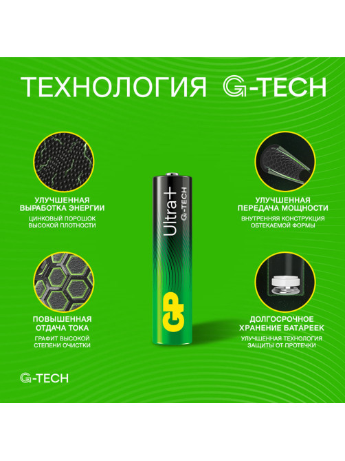 Батарейки КОМПЛЕКТ 2 шт., GP Ultra Plus G-Tech, AAA (LR03), алкалиновые, мизинчиковые, 24AUPA21-2CRSB2