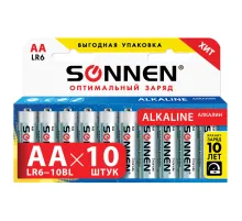 Батарейки КОМПЛЕКТ 10 шт., SONNEN Alkaline, АА (LR6, 15А), алкалиновые, пальчиковые, короб, 451086