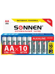Батарейки КОМПЛЕКТ 10 шт., SONNEN Alkaline, АА (LR6, 15А), алкалиновые, пальчиковые, короб, 451086