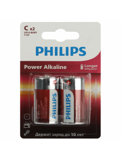Батарейки алкалиновые КОМПЛЕКТ 2 шт., PHILIPS Power Alkaline, C (LR14, 14А), блистер, Б0062687