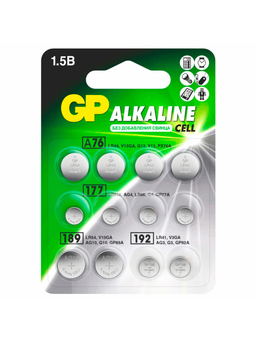 Батарейки НАБОР 12 шт. (А76 – 4 шт., 177 – 4 шт., 189 – 2 шт., 192 – 2 шт.), GP Alkaline, блистер, ACM02F-2CR12