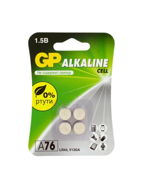 Батарейки КОМПЛЕКТ 4 шт., GP Alkaline, A76 (G13, LR44), алкалиновая, блистер, A76-С10, A76F-2CRU4