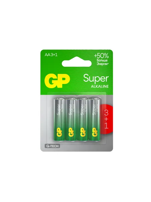 Батарейки КОМПЛЕКТ 4 шт., GP Super G-Tech, AA (LR6,15А), алкалиновые, пальчиковые, ПРОМО 3+1, 15A3/1-2CR4