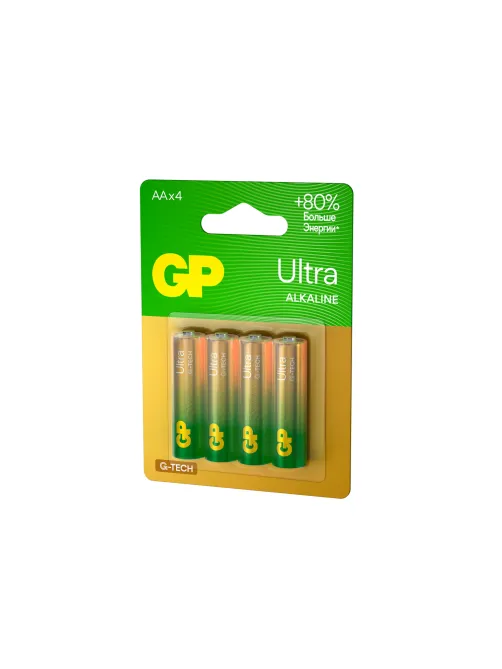 Батарейки КОМПЛЕКТ 4 шт., GP Ultra G-Tech, AA (LR6, 15А), алкалиновые, пальчиковые, 15AUA21-2CRSBC4