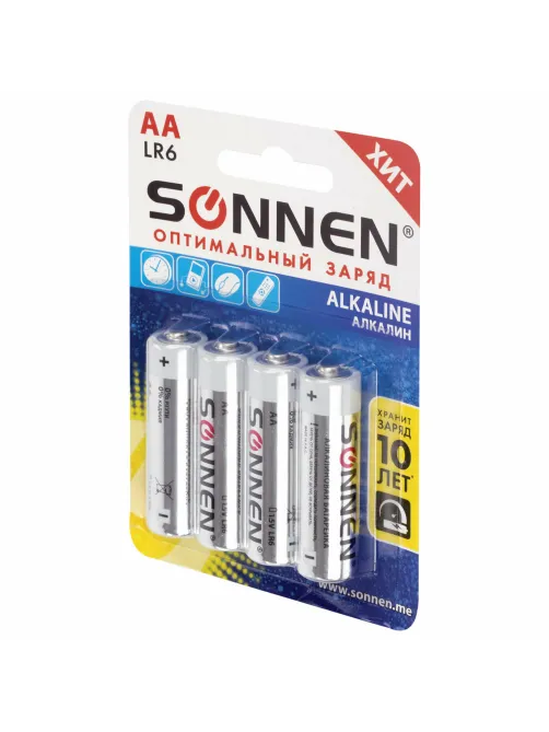 Батарейки КОМПЛЕКТ 4 шт., SONNEN Alkaline, АА (LR6, 15А), алкалиновые, пальчиковые, блистер, 451085