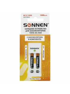 Зарядное устройство с аккумуляторами 2 шт. AAA (HR03), 1000 mAh, SONNEN BC2, в блистере, 455004