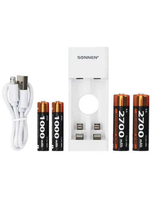 Зарядное устройство с аккумуляторами 4 шт. (2+2) AA+AAA (HR6+HR03), 2700 mAh + 1000 mAh, SONNEN (СОНЕН) BC2, 455005