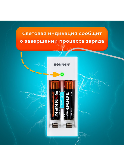 Зарядное устройство с аккумуляторами 2 шт. AAA (HR03), 1000 mAh, SONNEN BC2, в блистере, 455004